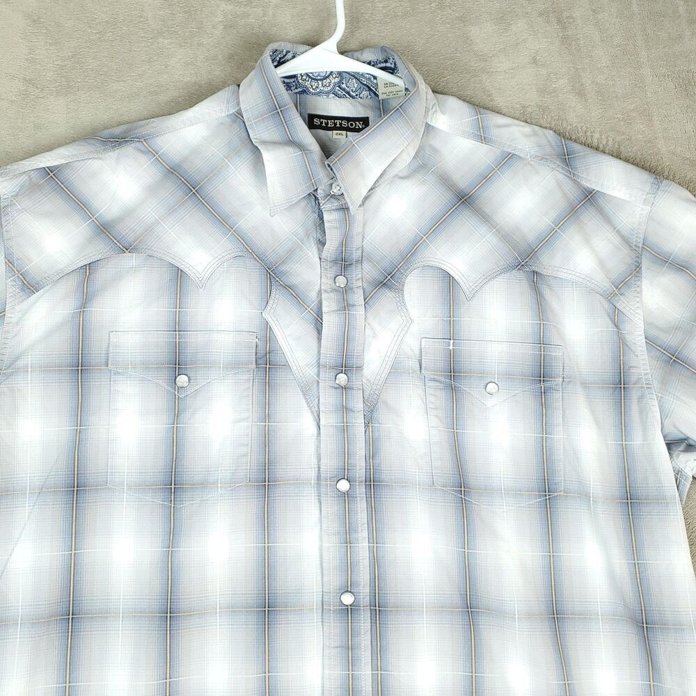 Stetson Shirt Mens XXL Blue White Plaid Pearl Snap Flip Cuff Western Cowboy - Picture 16 of 16